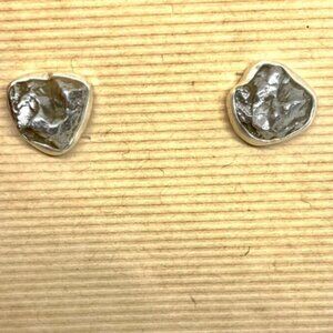Natural Campo del Cielo Meteorite In Sterling Silver. Bezel Set Stud Earrings.